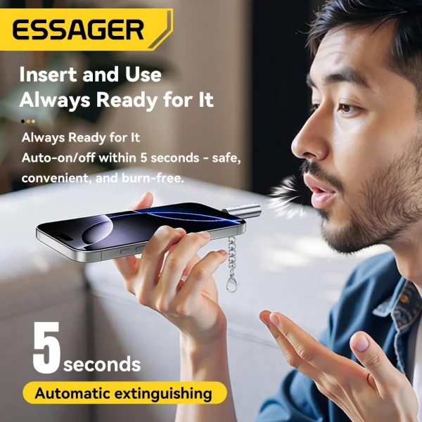 Essager USB-C Mini Lighter Tungsten Wire Blow-to-Ignite Safety for Air Travel No Flame Auto Shut-Off Typec Cigarette Lighter