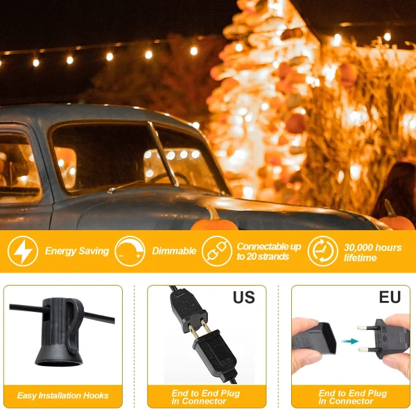 Retro LED Street Garland Waterproof G40 1W String Lights Ice Diamond E12 Amber Glass Outdoor Connectable Garden Decoration Bulbs