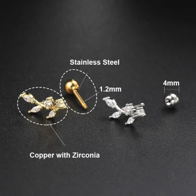 Tragus Daith Helix Lobe Ear Piercing for Women Heart Leaf Zircon Cartilage Piercing Earring Stainless Steel Fashion Jewelry Gift