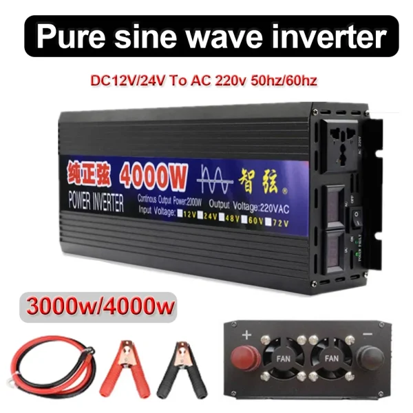 RDDSPON Pure Sine Wave Inverter 4000W 3000W DC 12V 24V to AC 220V 50Hz Portable Mobile Power Converter Solar Car Inverter