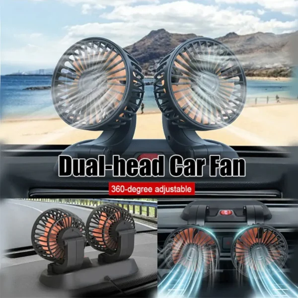 Car Cooling Fan 360° Adjustable Dual Head Cooling Air Fan Brushless Motor Low Noise Automobile Vehicle Fan Micro USB for Car Use