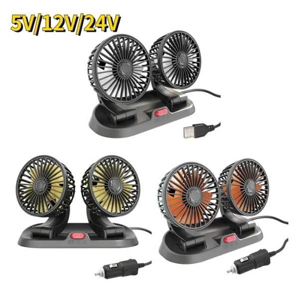 Car Cooling Fan 360° Adjustable Dual Head Cooling Air Fan Brushless Motor Low Noise Automobile Vehicle Fan Micro USB for Car Use