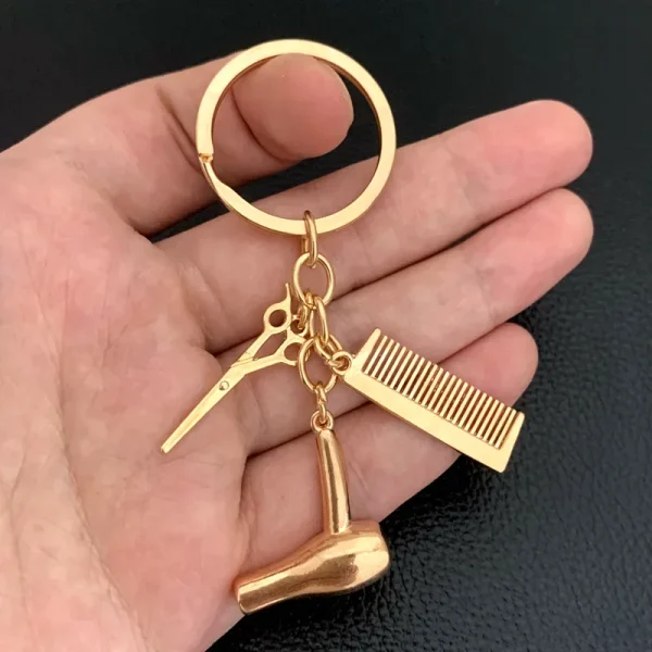 2025 golden Hair stylist essential hair dryer scissors comb Decorative Keychains Hairdressers Gift Key Rings Hair Dryer Keyring