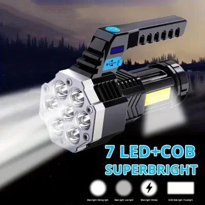 LED Flashlight USB Rechargeable, High Lumens Tactical Light with Sidelight, 7X LED, Handheld for Camping Emergency Lantern