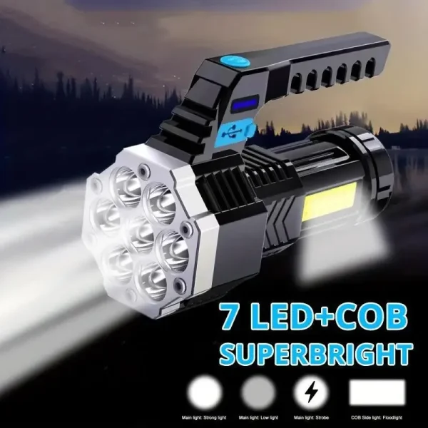 LED Flashlight USB Rechargeable, High Lumens Tactical Light with Sidelight, 7X LED, Handheld for Camping Emergency Lantern