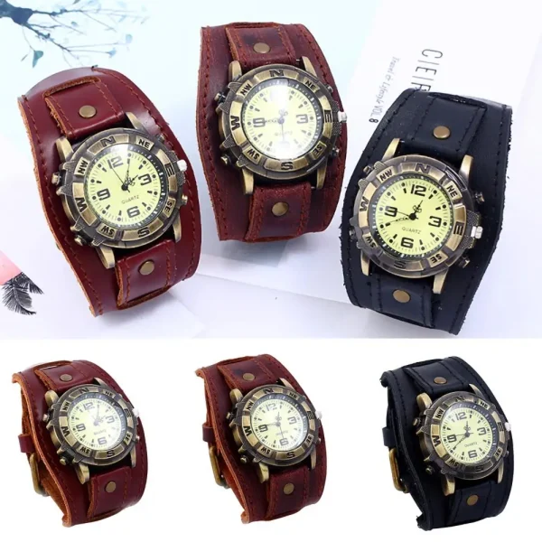 Vintage Faux Leather Quartz Wristwatch Punk Round Dial Wrist Watch Bracelet For Men Leather Wide Band Business Watch Wristwatch