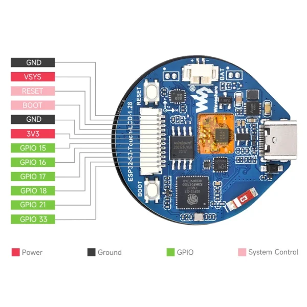 ESP32-S3 Development Board 1.28 Inch Touch Screen Round LCD Display with WiFi Bluetooth 5 BLE Accelerometer Gyroscope Sensor