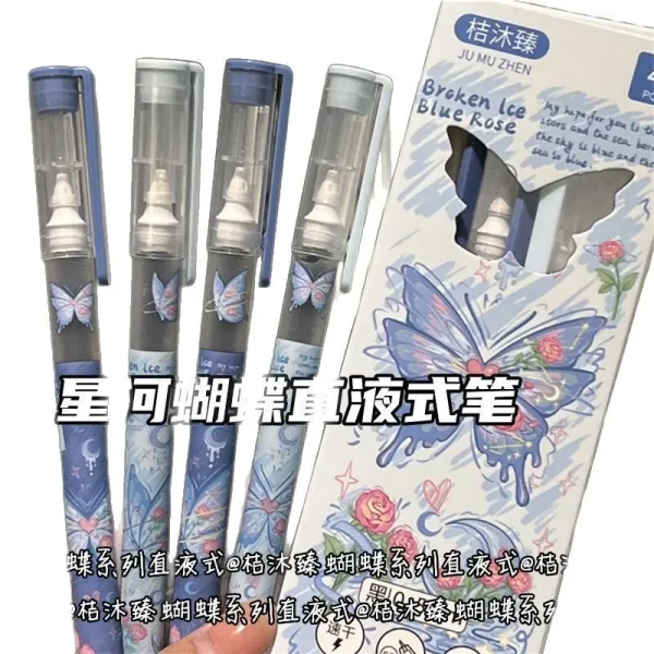 4Pcs Butterfly Straight Liquid Gel Pen Quick-drying Large-capacity 0.5mm Black Ink Writing Pen School Office Stationery Supplies