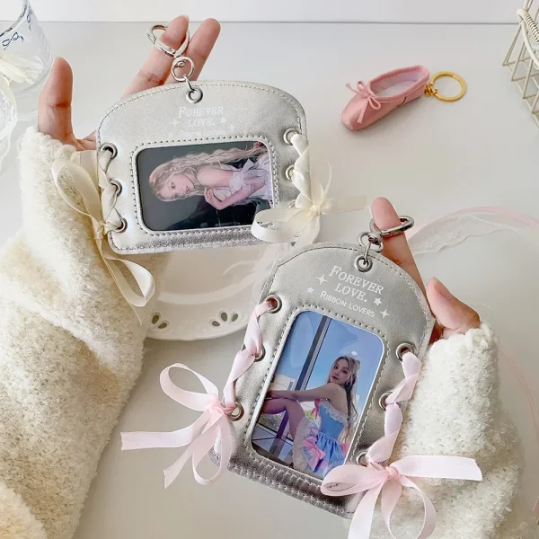 Silver Ballet Style Ribbon Keychain Credit Card Holder ID Card Holder Girl Idol Photocard Holder Student Bus Cards Sleeves