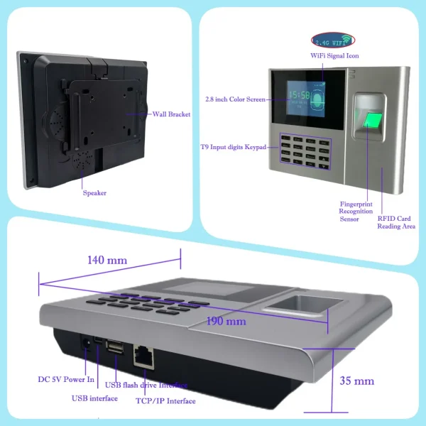 WiFi 2000mAh Battery Option Fingerprint Time and Attendance Machine System Card Employee Electronic Time Clock Management System