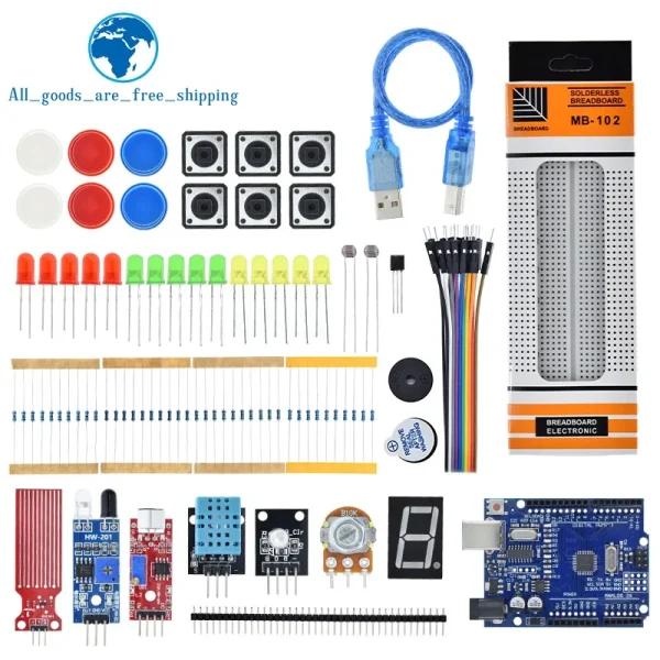 TZT Starter Kit for Arduino Uno R3 Breadboard Basic learning kit, sound/water level/humidity/distance detection LED control