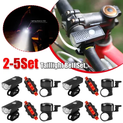 5PCS Bike Light LED Mountain MTB Bicycle Front Headlight Safety Taillight Bell Set MTB Bike Night Safety Headlight Lamp
