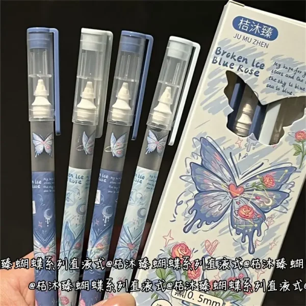 4Pcs Butterfly Straight Liquid Gel Pen Quick-drying Large-capacity 0.5mm Black Ink Writing Pen School Office Stationery Supplies