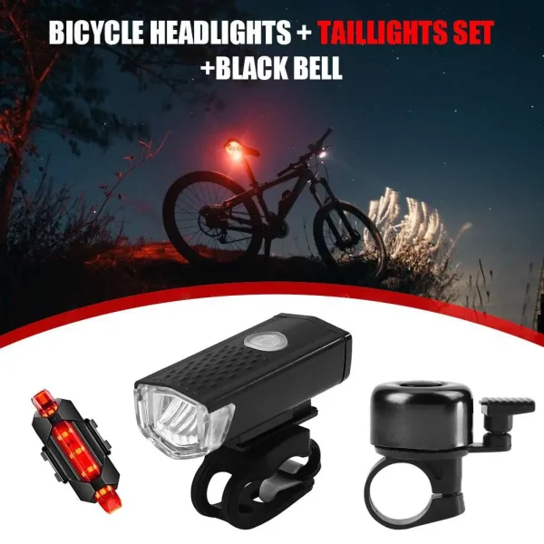 5PCS Bike Light LED Mountain MTB Bicycle Front Headlight Safety Taillight Bell Set MTB Bike Night Safety Headlight Lamp