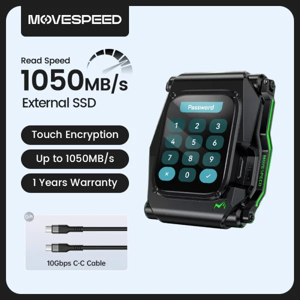 MOVESPEED ST10 1050MB/s Portable SSD 2TB 1T Touch Encryption USB3.2 Gen2 Type C External Hard Drive for iPhone 15/16 PS4 PS5 PC