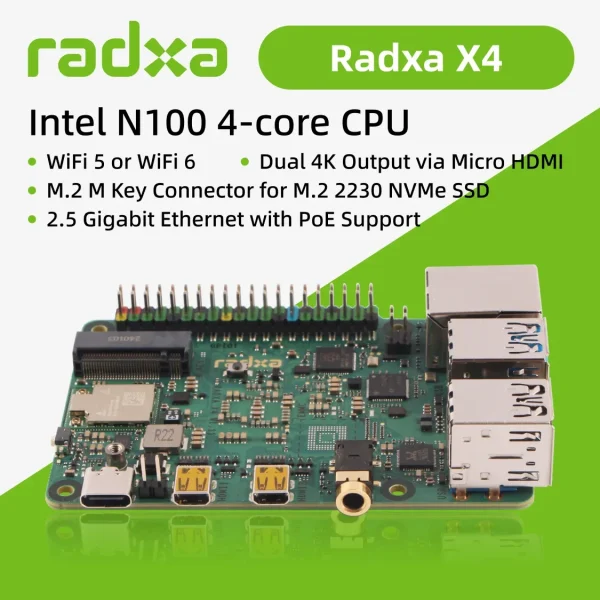New Radxa X4 with Intel N100, Dual 4K Output, 2.5Gbps Ethernet, PCIe 3.0 M.2 M Key, WiFi 5/6, High-Performance SBC