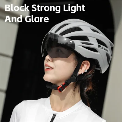 WEST BIKING Integrated Cycling Helmet Electric Scooter Helmet With LED Light Photochromic Goggles MTB Road Bike Sports Gear