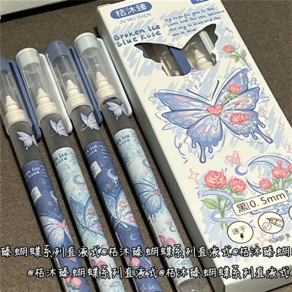4Pcs Butterfly Straight Liquid Gel Pen Quick-drying Large-capacity 0.5mm Black Ink Writing Pen School Office Stationery Supplies