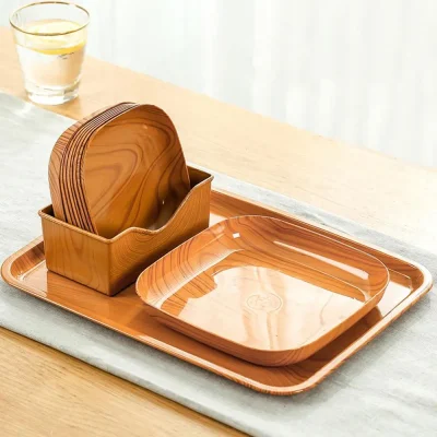 Kitchen Wood Grain Square Plate Japanese Simple Wood Grain Dish Set For Tableware Kitchen Bowl Dish Dinnerware Cook Supplies