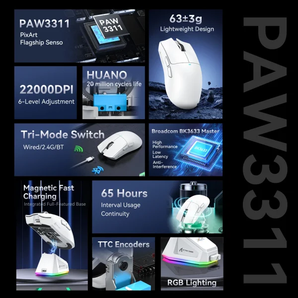 Attack Shark X11/AJAZZ AJ139 V2-MC Wireless Mouse Paw3311 22000DPI Bluetooth Three Mode Rgb Charging Dock