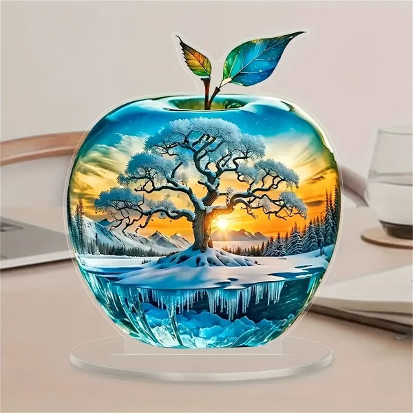 2D Acrylic Flat Apple Ornament Crystal Landscape Pattern Collectible Crafts for Home Living Room Entrance Tabletop Decoration