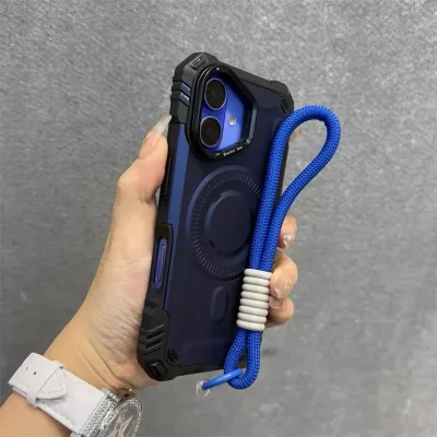 Luxury With Lanyard Military Armour For Magsafe Case For iPhone 16 15 14 13 12 Pro Max Heavy Duty Lens Holder Protector Cover