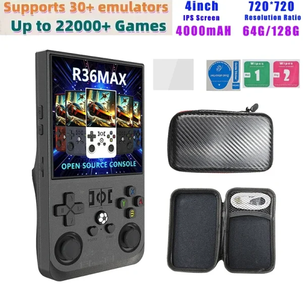 R36 Max Console 4inch IPS Screen Handheld Game Players Open Source Console Retro Pocket Video Player 64G/128G Up to 22000+ Games