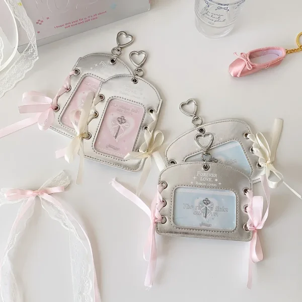 Silver Ballet Style Ribbon Keychain Credit Card Holder ID Card Holder Girl Idol Photocard Holder Student Bus Cards Sleeves