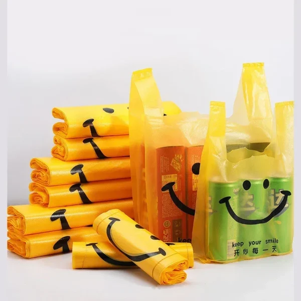 50pcs/pack Carry Out Bags Smile Gift Bag Retail Supermarket Grocery Shopping Plastic Bags With Handle Food Packaging