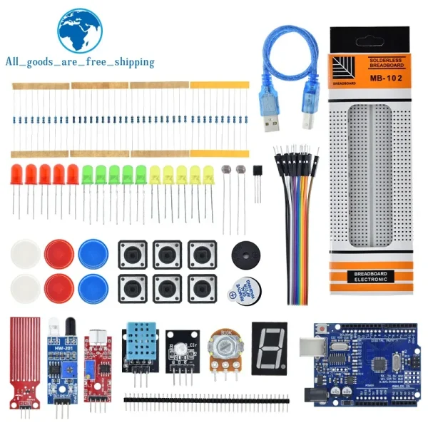TZT Starter Kit for Arduino Uno R3 Breadboard Basic learning kit, sound/water level/humidity/distance detection LED control