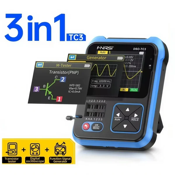 FNIRSI DSO-TC3 Mini Handheld Digital Oscilloscope Transistor Tester Signal Source 3in1 Multifunction Electronic Component Tester