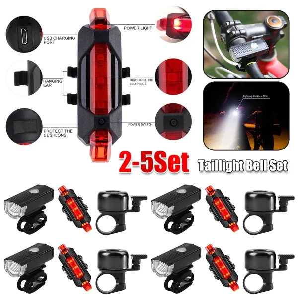 5PCS Bike Light LED Mountain MTB Bicycle Front Headlight Safety Taillight Bell Set MTB Bike Night Safety Headlight Lamp