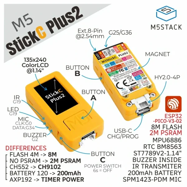 M5Stack Official M5StickC PLUS2 ESP32 Mini IoT Development Kit 1.14-inch TFT Screen IoT Controller for UIFlow