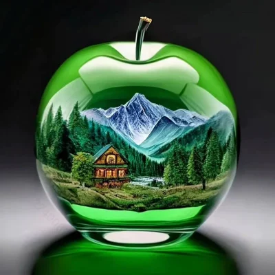 2D Acrylic Flat Apple Ornament Crystal Landscape Pattern Collectible Crafts for Home Living Room Entrance Tabletop Decoration