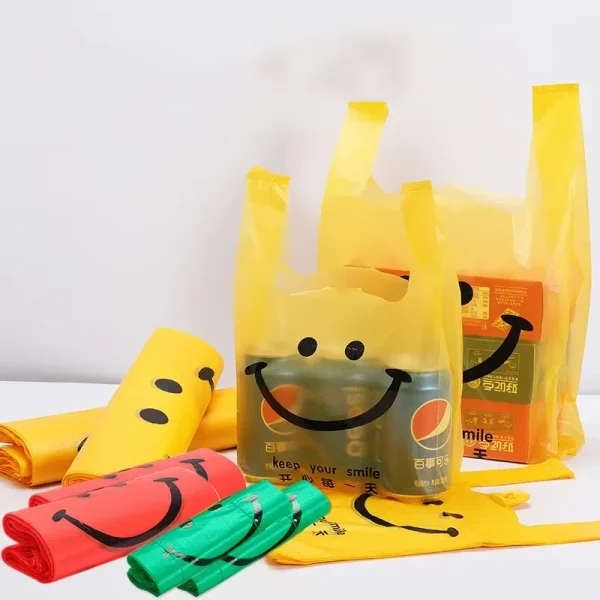 50pcs/pack Carry Out Bags Smile Gift Bag Retail Supermarket Grocery Shopping Plastic Bags With Handle Food Packaging