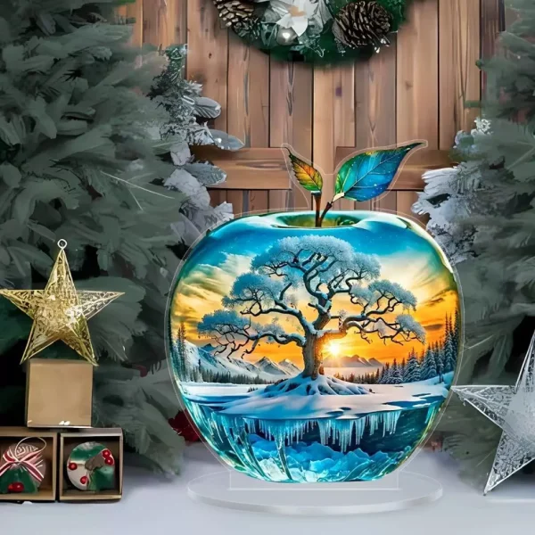 2D Acrylic Flat Apple Ornament Crystal Landscape Pattern Collectible Crafts for Home Living Room Entrance Tabletop Decoration