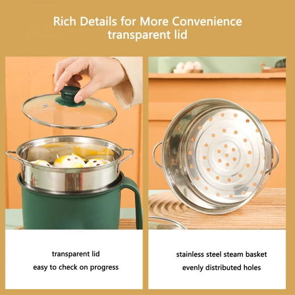 Electric Cooking Pot 1.5L 600W Stainless Steel Anti Scald Handle Clear Lid Electric Cooker for Home Dormitory Party