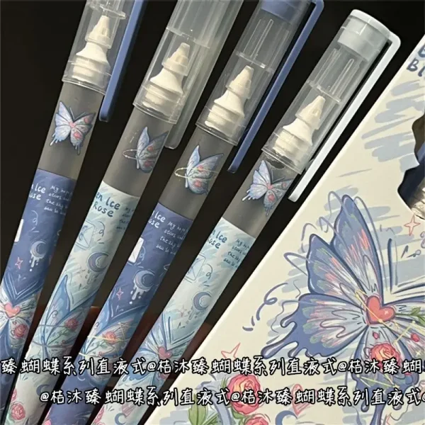 4Pcs Butterfly Straight Liquid Gel Pen Quick-drying Large-capacity 0.5mm Black Ink Writing Pen School Office Stationery Supplies