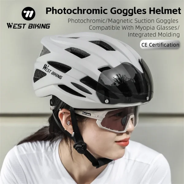 WEST BIKING Integrated Cycling Helmet Electric Scooter Helmet With LED Light Photochromic Goggles MTB Road Bike Sports Gear