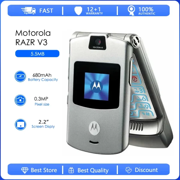 Motorola RAZR V3 Refurbished-Original V3 0.3MP Detachable Battery 680mAh Cell Phone Wholesale Free shipping