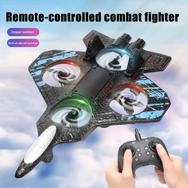 LED Lighted Foam Quadcopter Drone for Boys; Small Remote Control RC Airplane Toy; Gravity Fighter Jet with 360° Stunt Spin