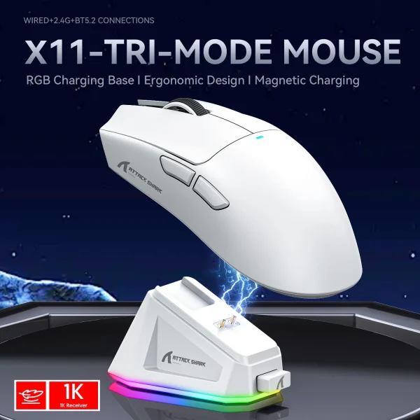 Attack Shark X11/AJAZZ AJ139 V2-MC Wireless Mouse Paw3311 22000DPI Bluetooth Three Mode Rgb Charging Dock